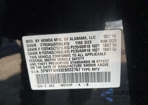 2014 Honda Pilot Touring z USA, uszkodzony, nr VIN 5FNYF4H93EB032767